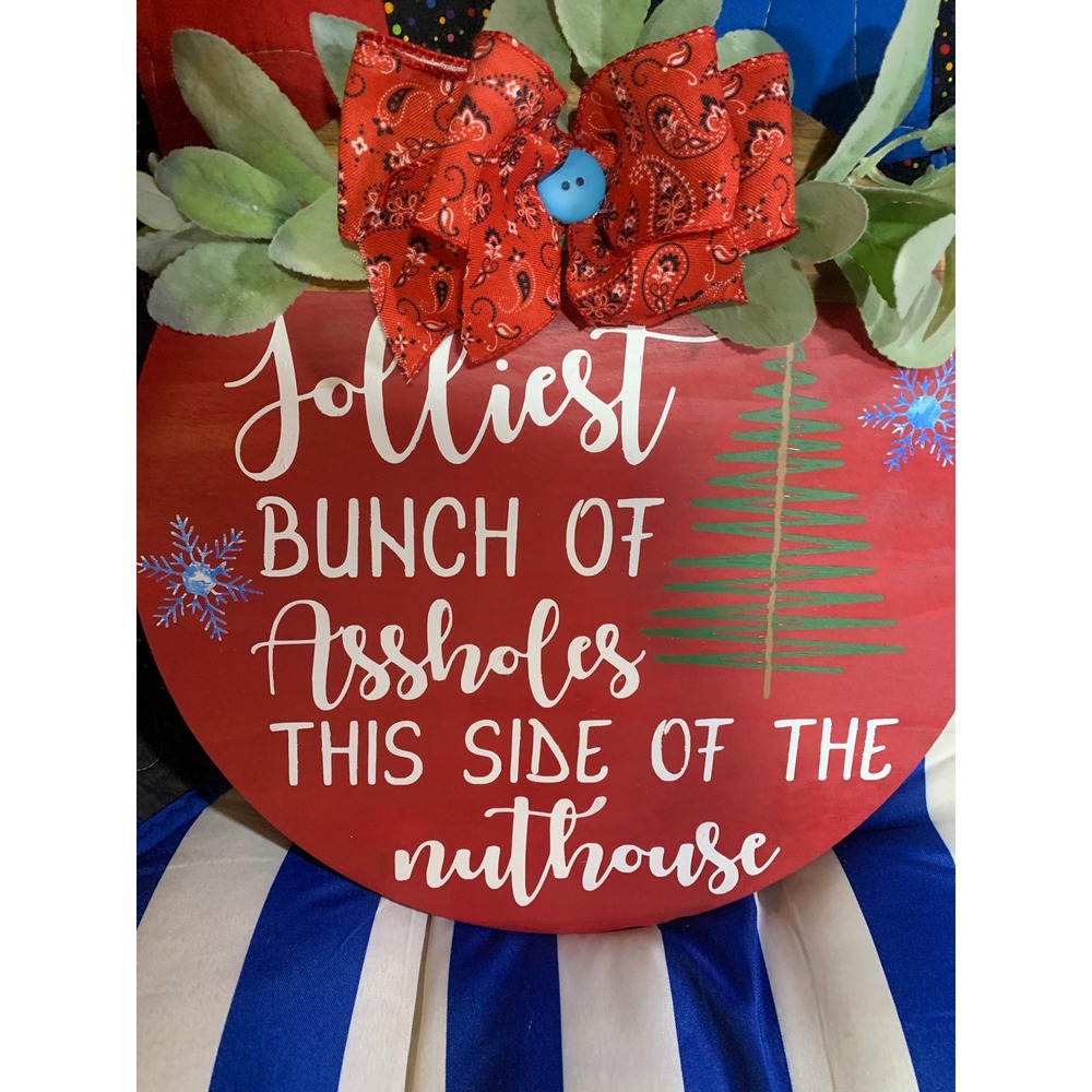 Funny Christmas Door Hanger Sign Jollies Bunch Aholes Nuthouse Bow Decor